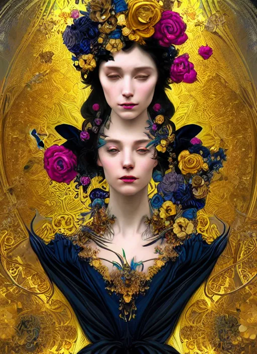 Image similar to beautiful black blue yellow, complicated gold and pink flowers in baroque style headwears, dark fantasy, intricate, elegant, highly detailed, digital painting, artstation, concept art, matte, 3 d 8 k octane rendered, sharp focus, illustration, octane rendered, art by artgerm and alphonse mucha, leesha hannigan