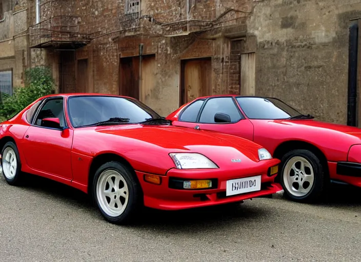 Prompt: Cannon photo of red Toyota supra Mark 1 MK1 Generation 1 A50 made in 1979 front sideview parked on street