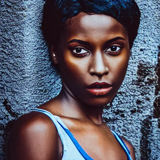 Prompt: portrait face of a beautiful gorgeous black edgy model girl with short hair, bikini, big leaps, blue eyes, she's sad, sunset, street of africa, 8 0 mm lens, 1. 2 aperture, grainy image, close up, cinematic light, 8 k, 4 k, very detailed, depressing atmosphere, cover magazine