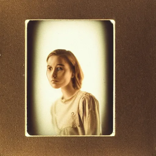 Image similar to a polaroid portrait of a beautiful young woman, detailed clouds, lit from behind, gold light, heavy film grain, color bleed