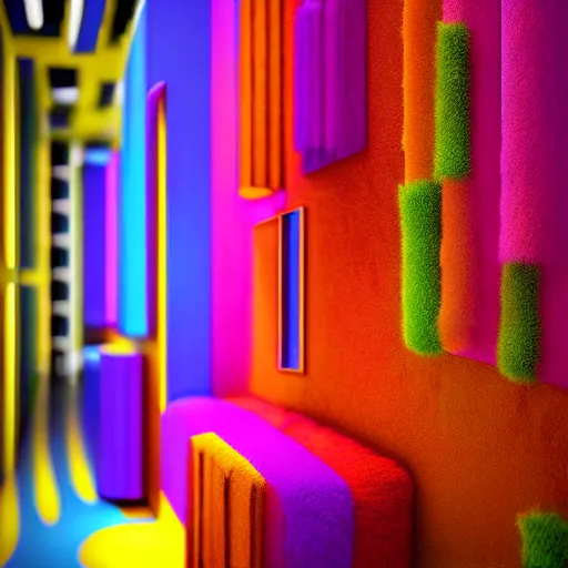 Image similar to : colorful abstract fuzzy sculpture art on the wall in modern architecture art studio soho new york, cinematic lighting, hyper - realistic, detailed, render by c 4 d octane, unreal engine, 8 k 3 d render