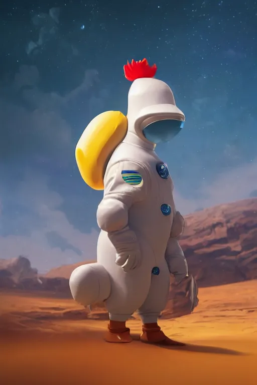 Image similar to a lonely chicken wearing a space suit without helmet in a alien planet, profile picture, digital art, concept art, trending on DeviantArt, highly detailed, high quality, 4K, cartoon, high coherence, path traced, blue sky in the background, octane render, digital painting, no helmet, masterpiece, anatomically correct, hyperrealistic