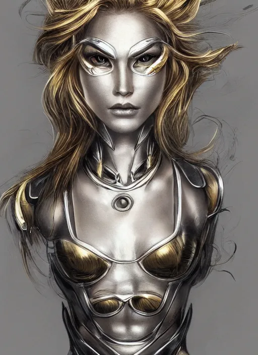 Image similar to golden pencil drawing of beautiful robot - cat woman face, goddess, beautiful blonde hair flying in the wind, hyper realistic face, in the style of greg rutkowski, fantasy, amazing detail, epic, elegant, smooth, sharp focus, from the front