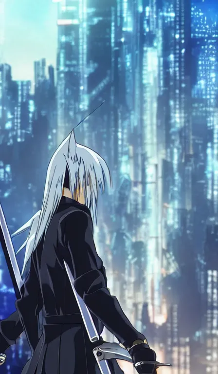 Prompt: anime fine details portrait of Sephiroth in front of cyberpunk moder city landscape on the background deep bokeh, close-up view, anime masterpiece by Studio Ghibli. 8k, sharp high quality anime, artstation