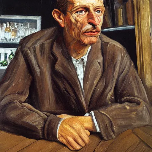 Image similar to high quality high detail painting by lucian freud, hd, portrait of coffeeshop owner