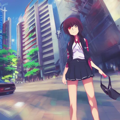 Image similar to Anime girl getting robbed in Medellin, Artwork by Makoto Shinkai, official media, 8k, pixiv, high definition, wallpaper, hd, digital artwork