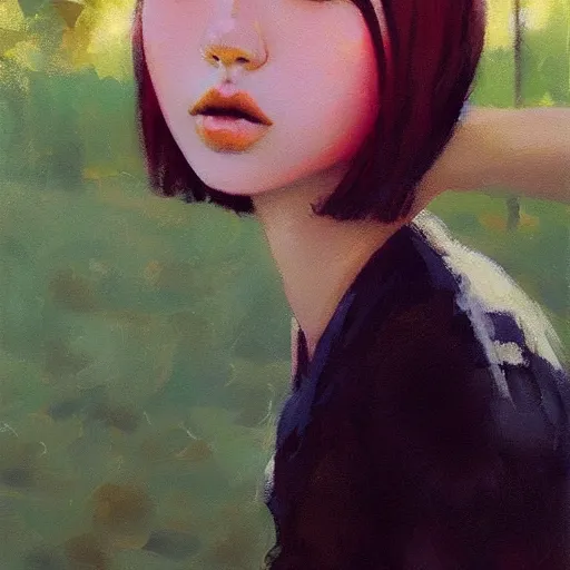 Image similar to oil painting by ilya kuvshinov,, baugh casey, rhads, coby whitmore, of a youthful japanese beauty, long hair, popsicle in mouth, outdoors, highly detailed, breathtaking face, studio photography, dawn, intense subsurface scattering, blush, supple look, innocence, intense sunlight