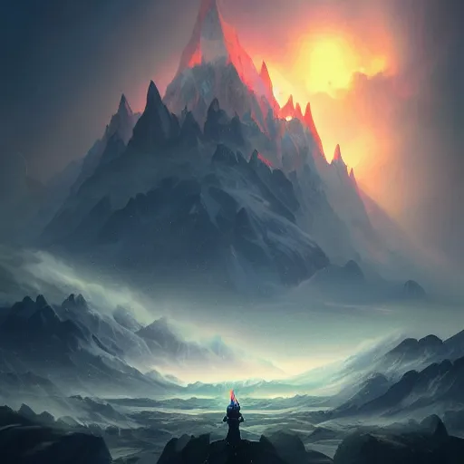 Image similar to mountain reaches into the sky, huge daragons breathing ice and fire by peter mohrbacher and dan mumford and nekro, cgsociety, volumetric light, 3 d render