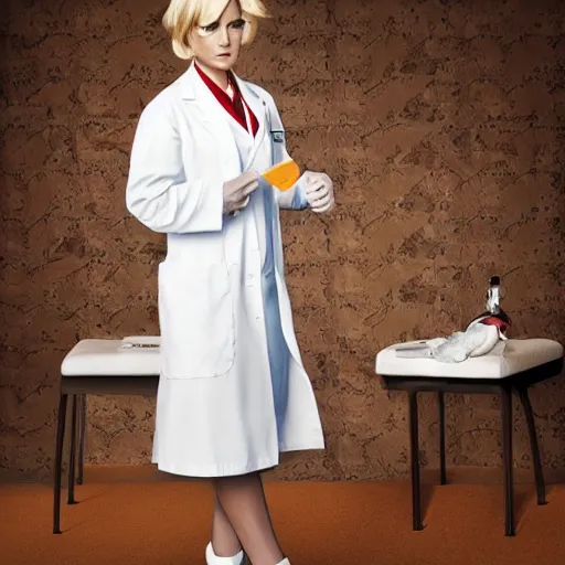Image similar to nurse, blond, in white coat, wearing mary jane shoes, by erwin olaf, wallpaper, highly detailed