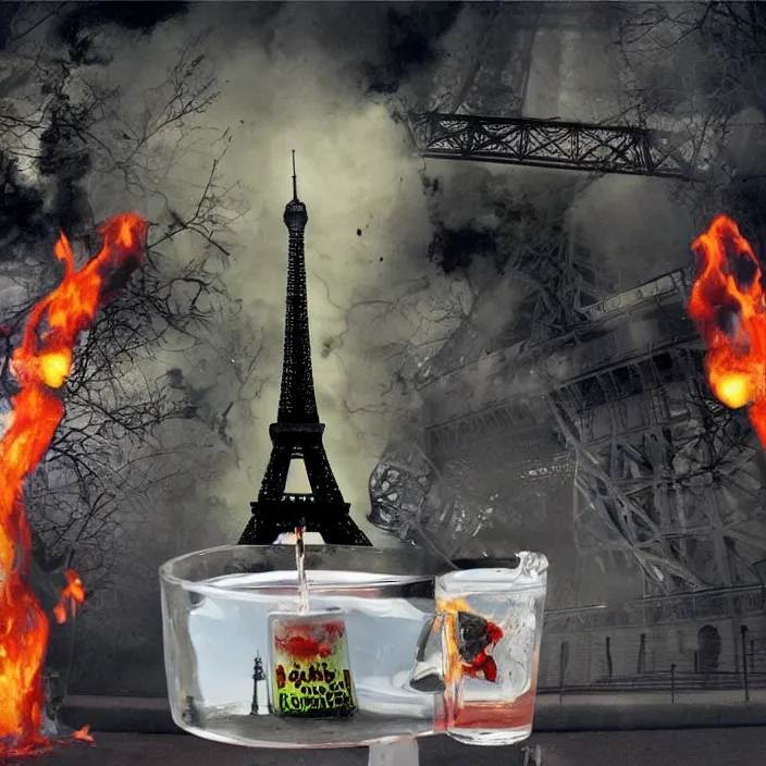 Image similar to zombie drinking water with eifel tower on fire photo realistic