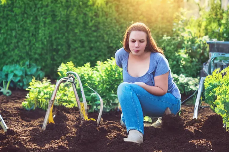 Image similar to a beautiful young brunette, slightly overweight, working in the garden at golden hour, dutch angle, 8k