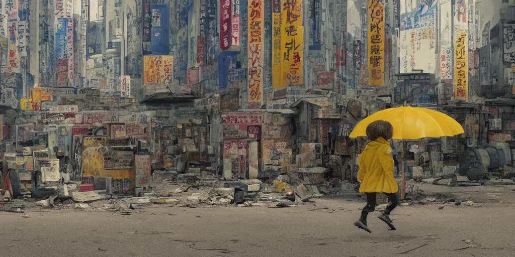 Prompt: incredible wide screenshot, ultrawide, simple watercolor, rough paper texture, ghost in the shell movie scene, backlit distant shot of girl in a parka running from a giant robot invasion side view, yellow parasol in deserted dusty shinjuku junk town, broken vending machines