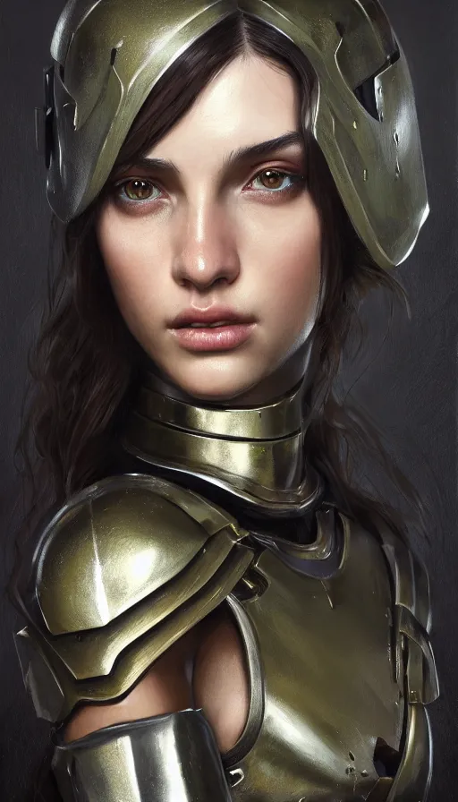 Prompt: a photorealistic painting of an attractive young girl, partially clothed in metal-plated battle armor, olive skin, long dark hair, beautiful bone structure, symmetrical face, perfect eyes, intricate, elegant, digital painting, concept art, illustration, sharp focus, minimal artifacts, volumetric lighting, from Metal Gear, in the style of Ruan Jia and Mandy Jurgens and Greg Rutkowski, trending on Artstation, award winning