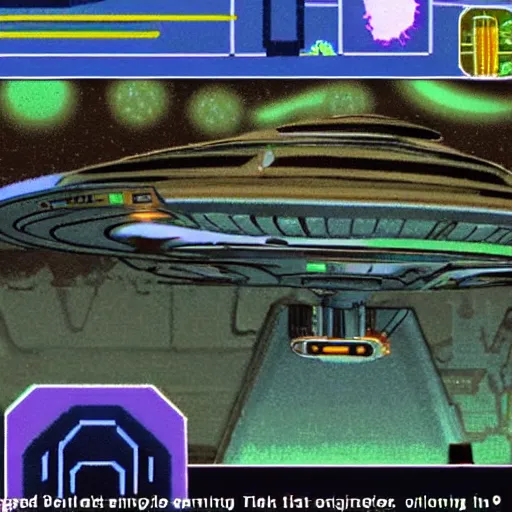 Prompt: screenshot from 1 9 8 0 s point and click star trek game showing a landing party on an alien planet