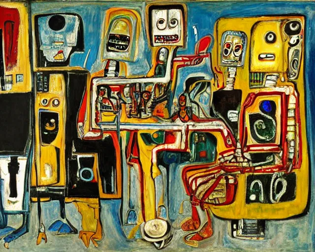Prompt: a painting of a robot family at a bbq by graham sutherland, egon schiele, basquiat, neo - expressionism