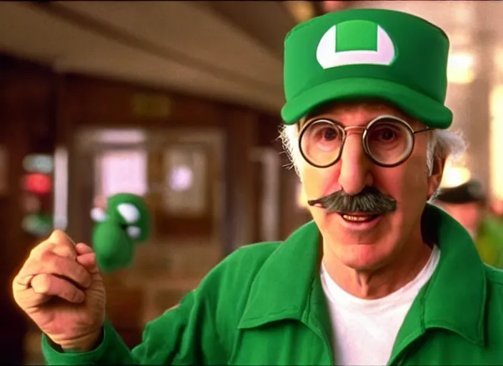 Prompt: film still of larry david wearing his glasses as luigi wearing a green hat with an l on it in super mario bros movie 1 9 9 3, 4 k