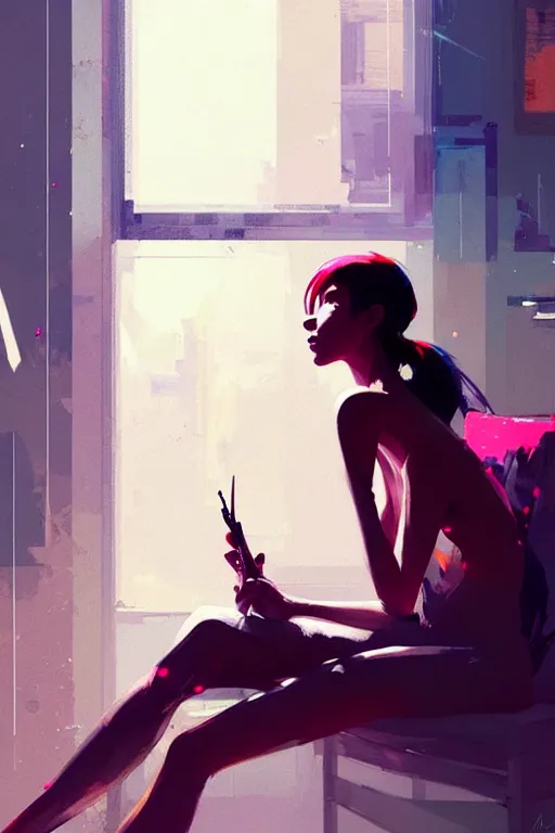 Prompt: a ultradetailed beautiful panting of a stylish woman sitting in a messy apartment, by greg rutkowski, conrad roset and makoto shinkai, trending on artstation