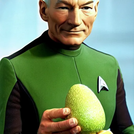 Image similar to an avocado as the captain of the enterprise in star trek the next generation, patrick stewart