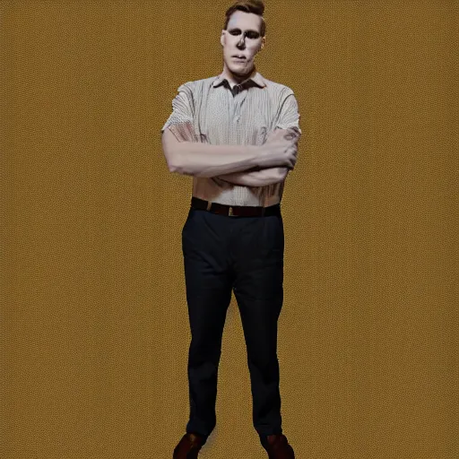Image similar to 3 d render of jerma 9 8 5, jerma in a liminal space, non - euclidean space, office space, worn mono - yellow wallpaper, old moist carpet, inconsistently - placed fluorescent lighting, high octane, blender, 3 d render