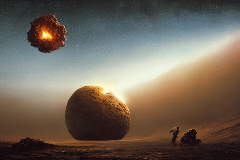 Image similar to A large comet hitting Earth, Les Edwards, Zdzislaw Beksinski, Carl Gustav Carus, John Harris, Michal Karcz, Zhang Kechun, Mikko Lagerstedt, Scott Listfield, Steven Outram, Jessica Rossier