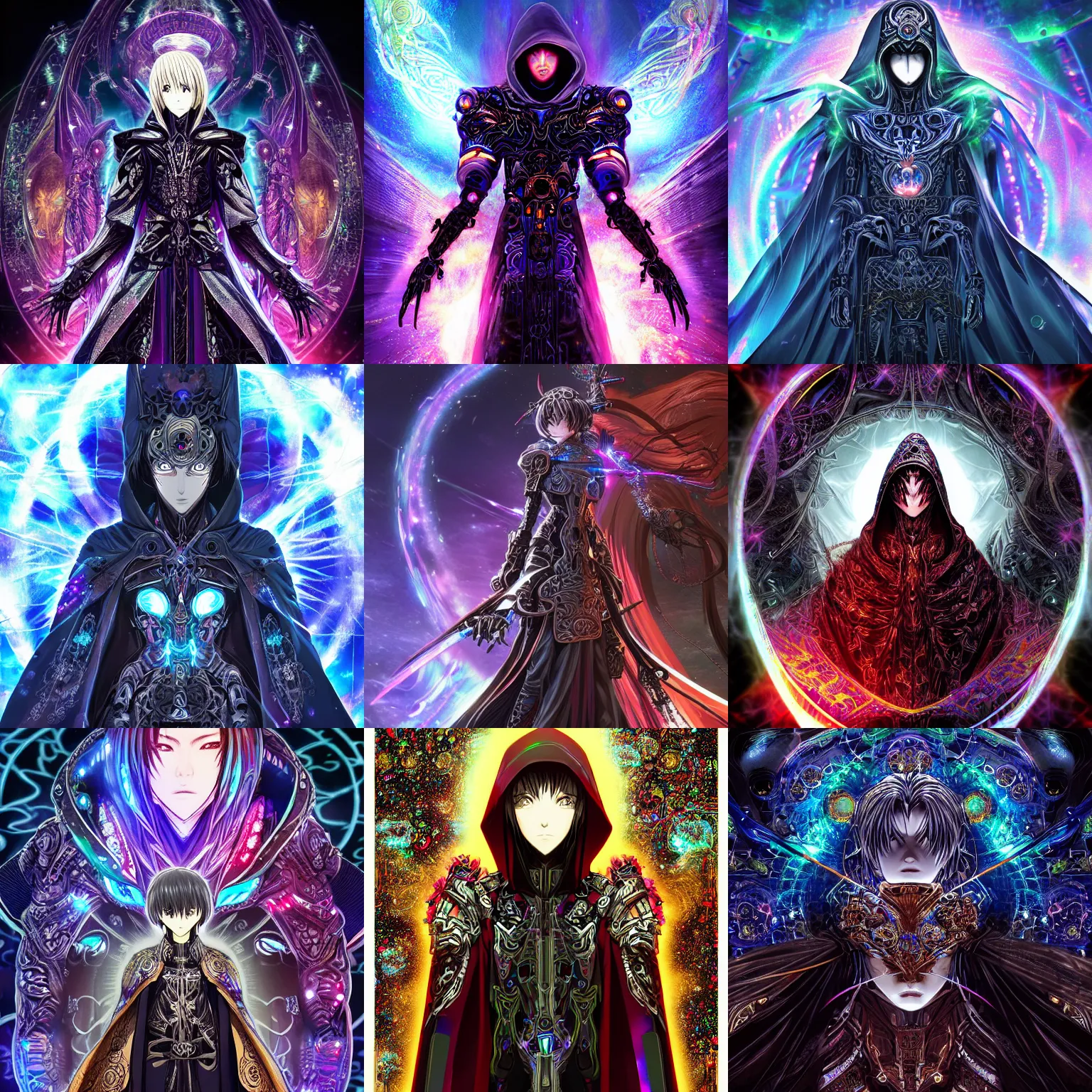 Prompt: Cloaked hooded complex cybernetic omnipotent being with a biological human face, anime CGI style, dark, intricate and ornate, intricate technological ominous warrior, anime in the style of Makoto Shinkai, animated, animation, rich colour and detail, brandishing iridescent legendary cosmic sword, iridescent opalescent pearlescent holographic megastructure background