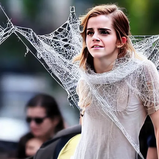 Image similar to frustrated emma watson dangling and trapped in giant spider webs