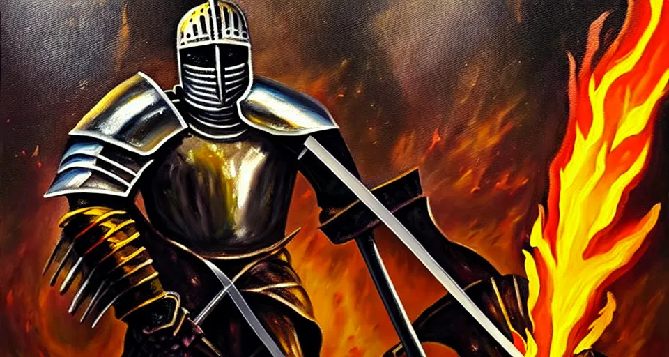 Image similar to An oil painting of a knight in dark metal armor wielding a flaming sword