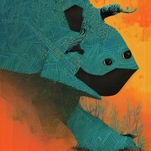 Image similar to cross between parrot and rhinoceros, digital art, oil painting victo ngai