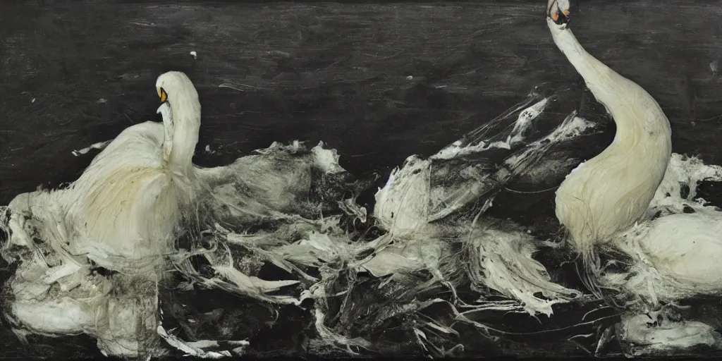 Prompt: white ball, made by swans, feathers, melted in the water. dark atmosphere, dark space. swans. messy. by andrew wyeth, jenny saville and nicola samori