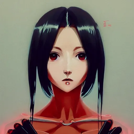 Image similar to A beautiful demon woman with big and cute eyes || VERY ANIME, fine-face, red and black robotic parts, realistic shaded perfect face, fine details. Anime. realistic shaded lighting poster by Ilya Kuvshinov katsuhiro otomo ghost-in-the-shell, magali villeneuve, artgerm, Jeremy Lipkin and Michael Garmash, Rob Rey and Kentarõ Miura style, trending on art station