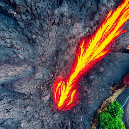 Image similar to candid photograph of a mythological dragon bathing in lava, active volcano, cryptid, unexplained phenomena, drone photography, 8k