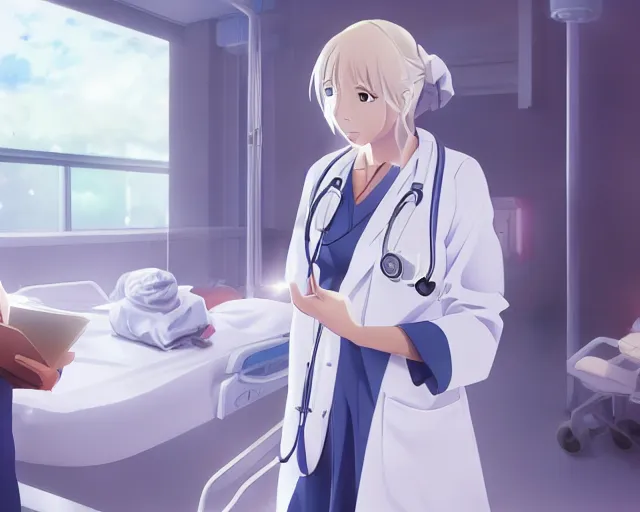 Image similar to a cute young female doctor wearing white coat are talking with a patient in a hospital, slice of life anime, lighting, anime scenery by Makoto shinkai