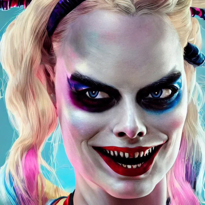 Image similar to portrait of Margot Robbie as a harley quinn. intricate abstract. intricate artwork. by Tooth Wu, wlop, beeple, dan mumford. octane render, trending on artstation, greg rutkowski very coherent symmetrical artwork. cinematic, hyper realism, high detail, octane render, 8k, iridescent accents