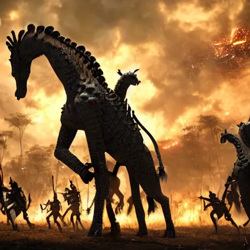 Image similar to a giant fire breathing giraffe wearing intricate battle armor attacking an army of knights, dramatic lighting, highly detailed, photorealistic, cinematic, octane render