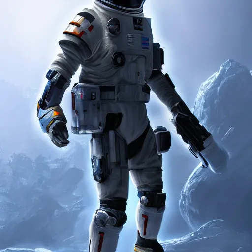 Prompt: fullbody of an space soldier holding a blaster and standing on a dead world's ground, award winning, trending on artstation, unreal engine