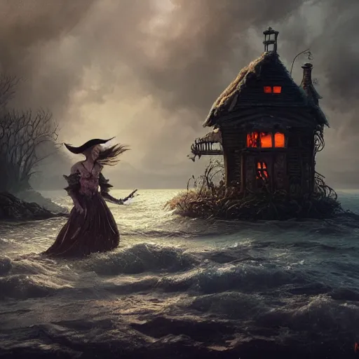 Prompt: realistic scary witches in front of a candy witch house, floating on the ocean, epic scene, fantasy, cinematic, hyper - detailed, in the style of greg rutkowski