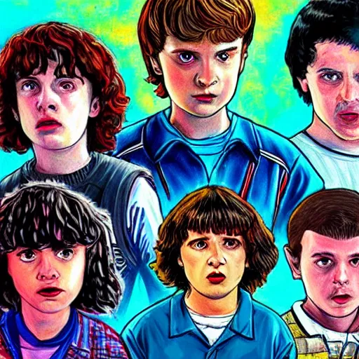 Image similar to stranger things characters pained in a post impressionist style