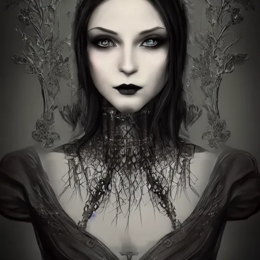 Image similar to full length portrait of a woman with timeless beauty & breathtaking eyes dressed in gothic attire, intricate digital art, elegant, DSLR 8K, biblical art, realism, incomprehensible detail, final fantasy & silent hill aesthetic, photorealistic, lifelike, created by z--ed on deviantart