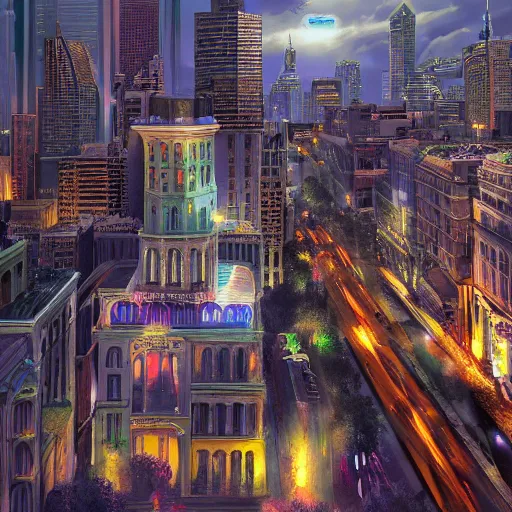 Prompt: beautiful ultradetailed matte painting of futuristic new orleans, trending on artstation