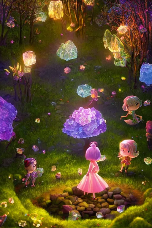 Prompt: a magical forest with crystal flowers that glow in the dusk, isometric 3d, ultra hd, character design by Mark Ryden and Pixar and Hayao Miyazaki, unreal 5, DAZ, hyperrealistic, octane render, cosplay, RPG portrait, dynamic lighting, intricate detail, summer vibrancy, cinematic