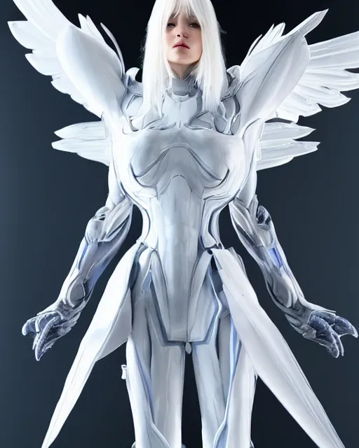 Image similar to perfect white haired alien being with huge white dove wings, warframe armor, beautiful, symmetric, dreamy, half asian, pretty face, blue eyes, detailed, scifi platform, laboratory, experiment, 4 k, ultra realistic, epic lighting, android body, illuminated, cinematic, masterpiece, art by akihito tsukushi, voidstar