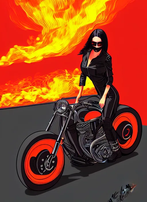 Prompt: a biker chick riding a hotrod muscle car down a street made of fire, digital painting masterpiece, by ilya kuvshinov and rockin jellybean