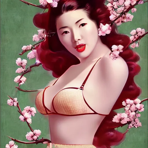 Image similar to pin - up fullbody portrait of a beautiful young asian woman, pretty long hair, intense flirting, showing curves, symmetrical face, digital art, smooth, extremely detailed, model pose, intense look, dream, cherry blossoms, gorgeous young model, traditional beauty, perfect proportions, pretty, by wu bayard, by gil elvgren, by ralph horsley,