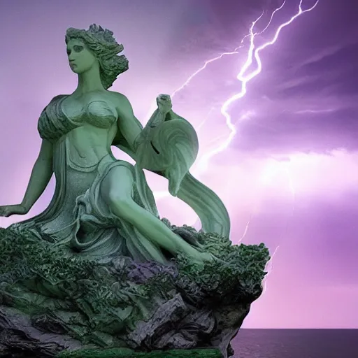 Image similar to gigantic marble statue of the goddess of the sea wielding a trident on an island. roiling waves at the base. scene lit by lightning. thunderclouds in the background. fantasy setting. magicians praying to the statue. purples and greens. fantasy aesthetic. extremely detailed. 4 k