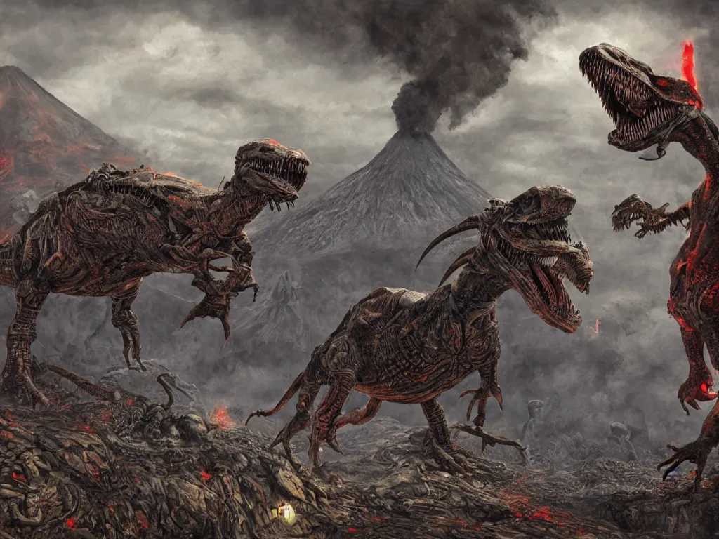Prompt: A hyperrealistic illustration of a cyborg dinosaur in a strange landscape with volcanoes and smoke, by Enki Bilal, Anato Finnstark, award-winning, masterpiece, extreme detail, sharp focus