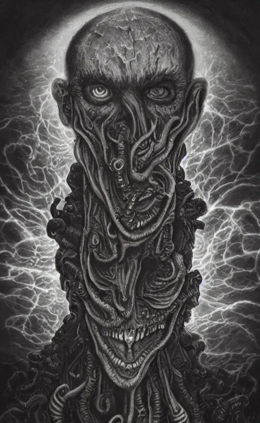 Image similar to lovecraftian portrait of jerma, surrounded by beams of light dark background by wayne barlow, stanley donwood, anton semenov, zdzislaw bekinski, hr giger, 8 k, fantasy, dark, highly detailed