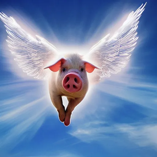 Image similar to pig flying with angel wings in a blue sky dramatic lighting