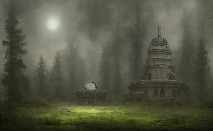 Prompt: a neoclassical tower with dome on a magical gloomy mystical forest. by frank lloyd wright, wlop