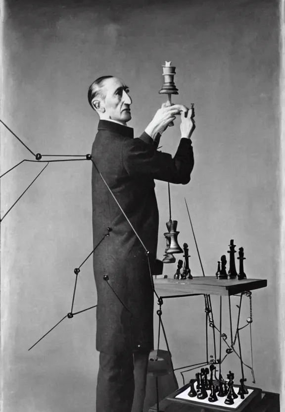 Image similar to marcel duchamp holding up a chess - piece wire - machine, a surrealist painting by marcel duchamp, complex artificial - intelligence machinery, flickr contest winner, studio portrait, 1 9 2 0 s