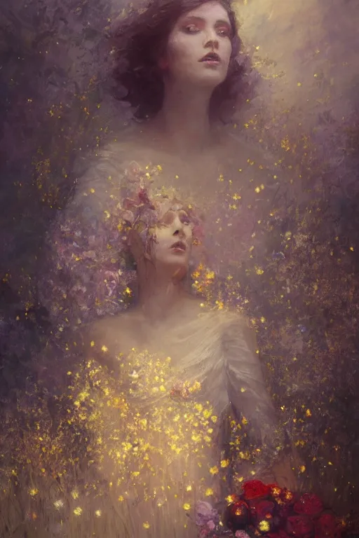 Image similar to a stunning elegant girl made of flowers and golden silks. ethereal horror fantasy art by greg rutkowski and magali villanueve and monet, concept art, smooth, cinematic lighting, 8 k resolution